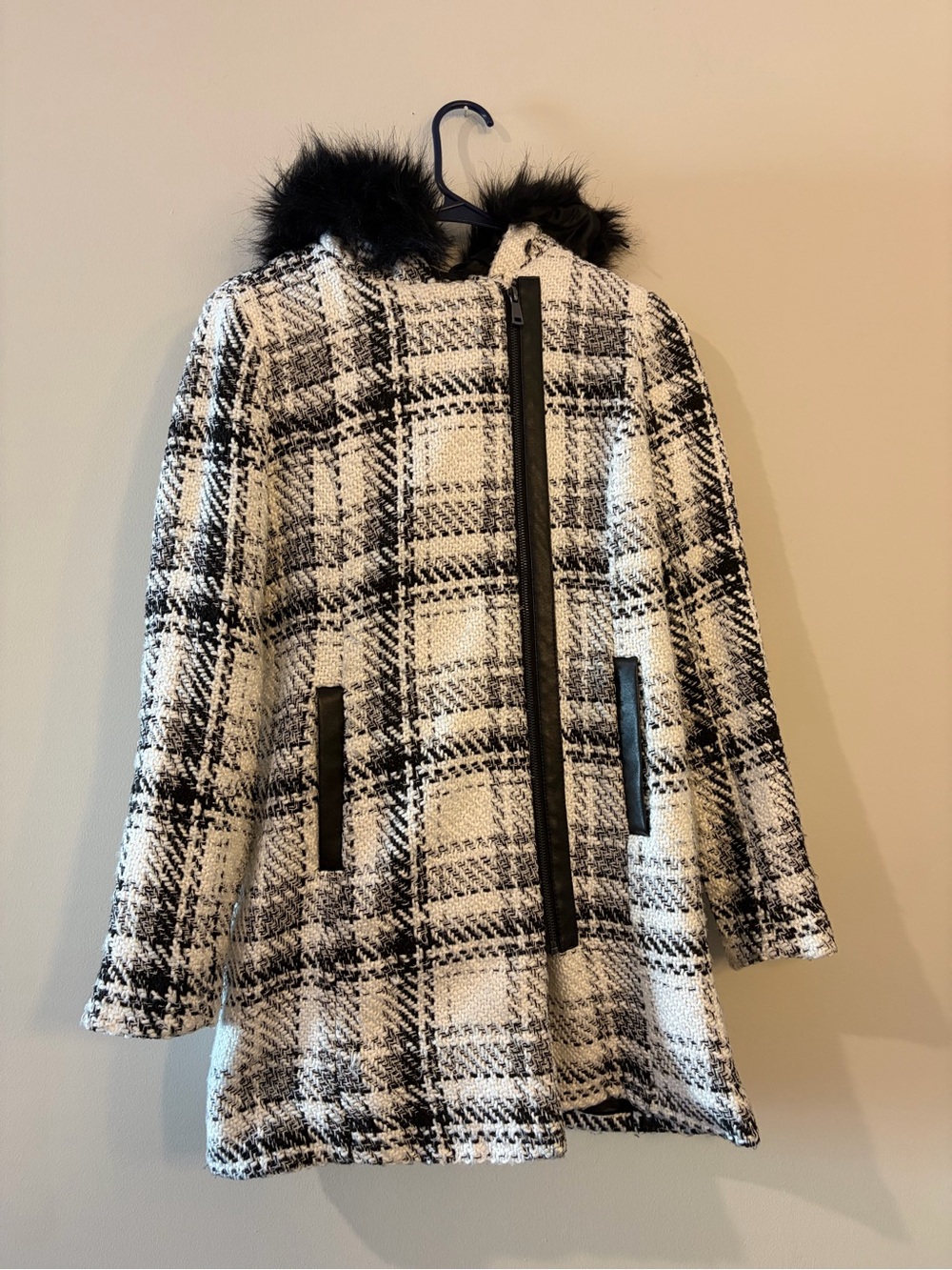 Iz Byer Black and White Plaid Pea Coat with Faux Fur Collar